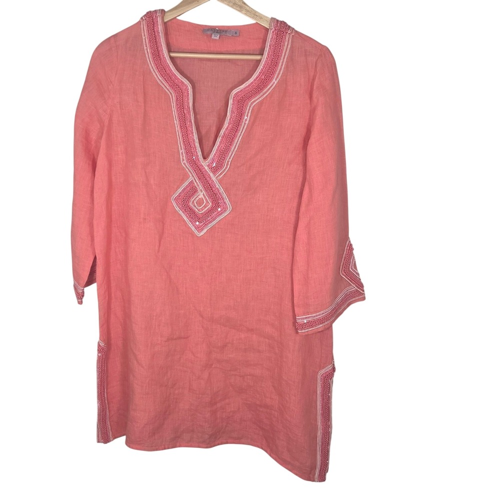 Calypso St Barth Linen Tunic S Coral Embroidered Cover Up Resortwear Boho